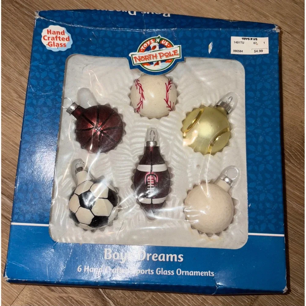 Boys Dreams North Pole 6 Hand Crafted Sports‎ Glass Ornaments Baseball Football